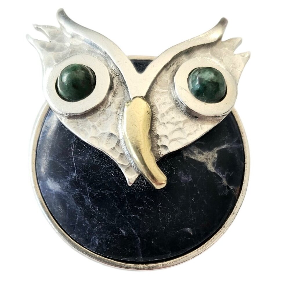 Tane Sterling Silver Owl Brooch Round Blue, Green Stone Pin Pendant C949